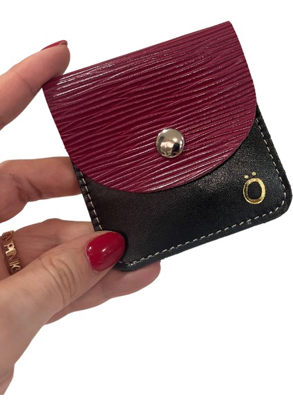 Ö Harfli Kare Model Bordo (Epi Baskılı ) & Siyah Hakiki Deri Mini Bozuk Para Cüzdanı Airpod