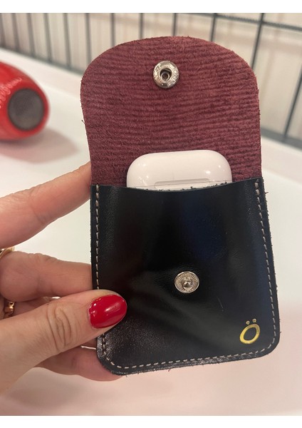 Ö Harfli Kare Model Bordo (Epi Baskılı ) & Siyah Hakiki Deri Mini Bozuk Para Cüzdanı Airpod