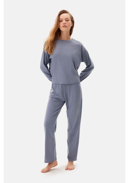 Mavi Bis Yaka Uzun Kollu Celllıant Pijama Takımı