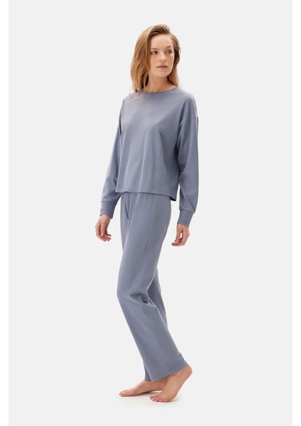 Mavi Bis Yaka Uzun Kollu Celllıant Pijama Takımı modelleri