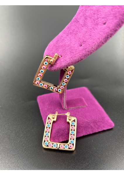 Çelik Suya Dayanaklı Kadın Kare 3cm Renkli Nazar Boncuklu Rose Gold Küpe fiyatları