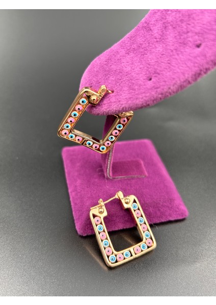 Çelik Suya Dayanaklı Kadın Kare 3cm Renkli Nazar Boncuklu Rose Gold Küpe modelleri