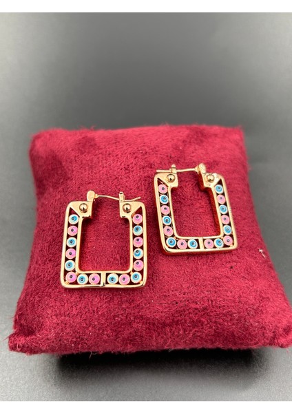 Çelik Suya Dayanaklı Kadın Kare 3cm Renkli Nazar Boncuklu Rose Gold Küpe fırsatları
