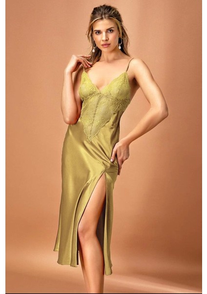 7136 Battal Kadın Saten Uzun Gecelik