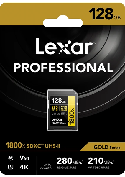 128GB Professional 1800x SDXC UHS-II  4K UHD 270MB/sn U3 C10 V60 Hafiza Karti (Gold Series )