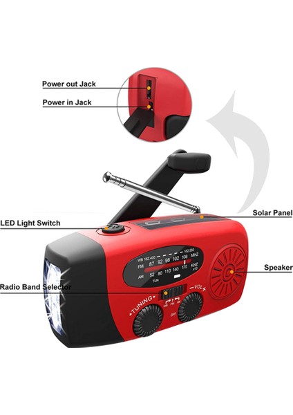 3 LED Işık El Feneri El Krank Radyo 1000 Mah Güç Bankası USB Şarj Cihazı Taşınabilir Güneş Radyosu Am/fm Hava Durumu Radyo (Kırmızı) (Yurt Dışından)