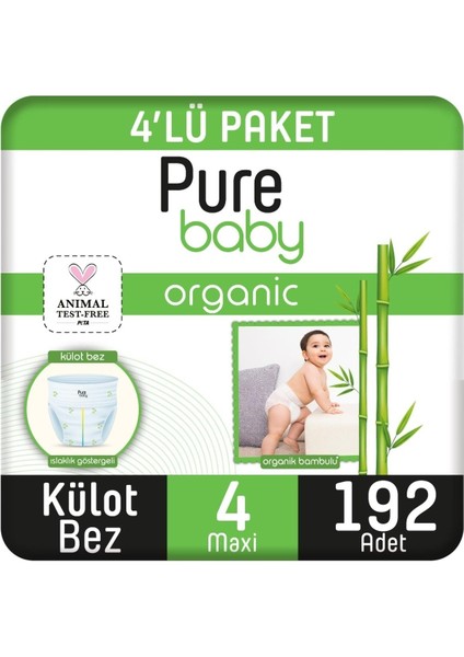 Organik Bambu Özlü Külot Bez 4'lü Paket 4 Numara Maxi 192 Adet