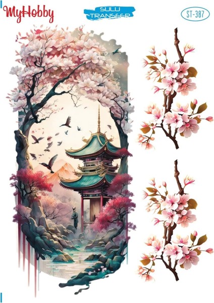 St 387 Kiraz Çiçeği, Tapınak Desenli Sulu Transfer 25X35