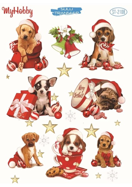 St 2108 Yeniyıl Çoklu Köpek Desenli Sulu Transfer 25X35
