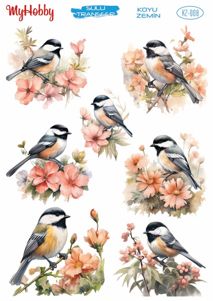 KZ008 Koyu Zemin Soft Kuş ve Çiçek Desenli Sulu Transfer 25X35