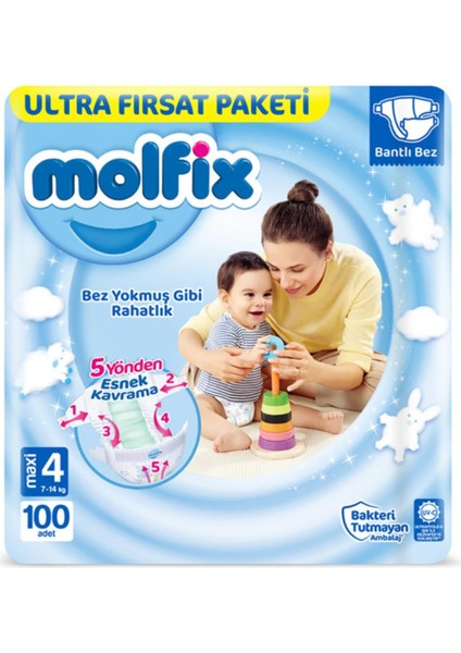 Bantlı Bez Maxi 4 NO:7-14kg 100 Adet Molfix Bantlı Bez Maxi 7-14kg 100