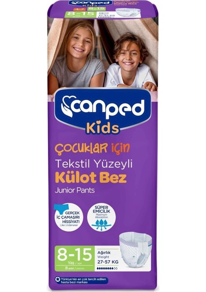 Kids Çoçuklar Için Külot Bez Tekstil Yüzeyli Yaş:8-15 (27-57kg) 16 Adet (2pk*8)