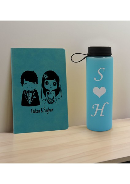 Sevgiliye Özel Isimli Turkuaz Defter ve Cam Matara Hediye Seti-1, Sevgiliye Hediye, Sevgililer Günü, Yeni Iş Hediyesi