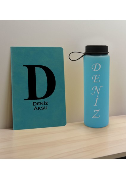 Kişiye Özel Isimli Turkuaz Defter ve Cam Matara Hediye Seti-5, Sevgiliye Hediye, Arkadaşa Hediye, Yeni Iş Hediyesi