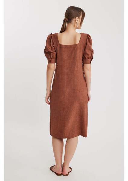 Kare Yaka Önü Düğmeli Kısa Kol Elbise indirimleri