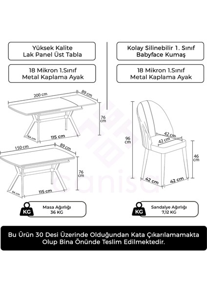 Sim Serisi 89X150 Açılabilir Lak Panel Beyaz Mermer Desen Masa Takımı 6 Sandalye