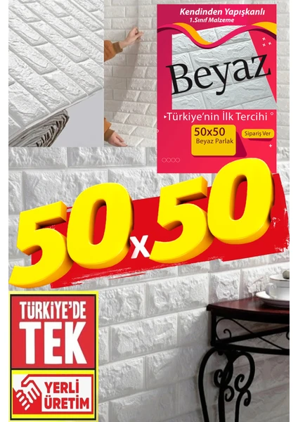 50x50 cm 0,27 M² Kendinden Yapışkanlı Duvar Kağıdı Esnek Köpük Paneli 3D Boyutlu Tuğla Desen Beyaz