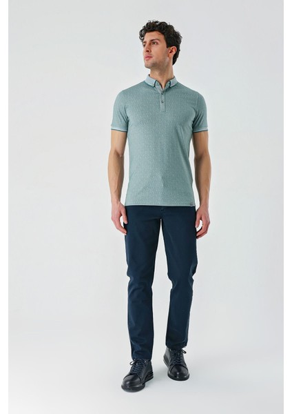 Koyu Vizon Baskılı Oxford Düğmeli Yaka Cepli Pamuklu Casual Slim Fit Dar Kesim Tişört 1011240177