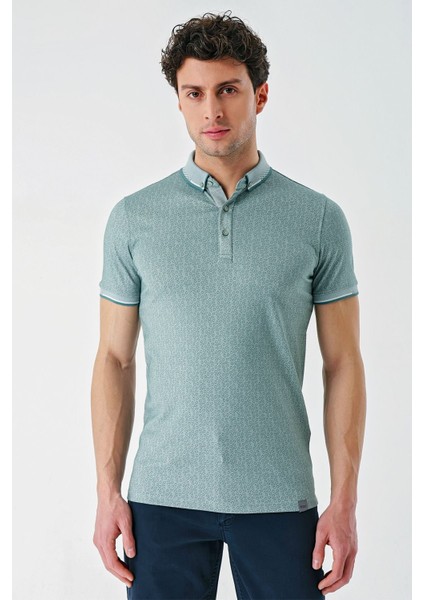 Koyu Vizon Baskılı Oxford Düğmeli Yaka Cepli Pamuklu Casual Slim Fit Dar Kesim Tişört 1011240177