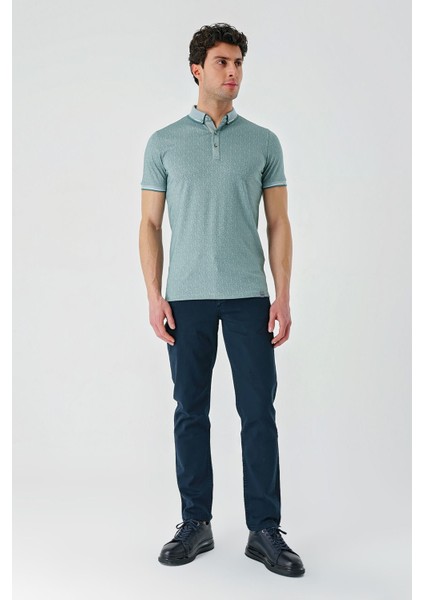 Koyu Vizon Baskılı Oxford Düğmeli Yaka Cepli Pamuklu Casual Slim Fit Dar Kesim Tişört 1011240177