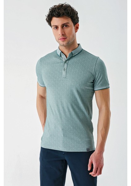 Koyu Vizon Baskılı Oxford Düğmeli Yaka Cepli Pamuklu Casual Slim Fit Dar Kesim Tişört 1011240177