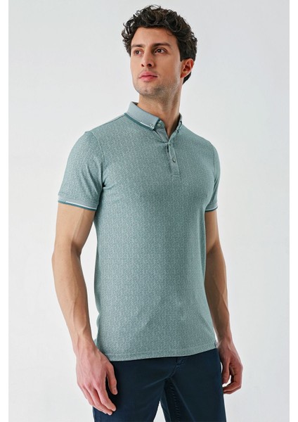 Koyu Vizon Baskılı Oxford Düğmeli Yaka Cepli Pamuklu Casual Slim Fit Dar Kesim Tişört 1011240177