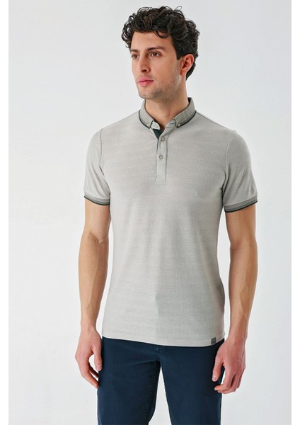 Taş Rengi Desenli Jakarlı Düğmeli Yaka Cepli Casual Slim Fit Dar Kesim Tişört 1011240175