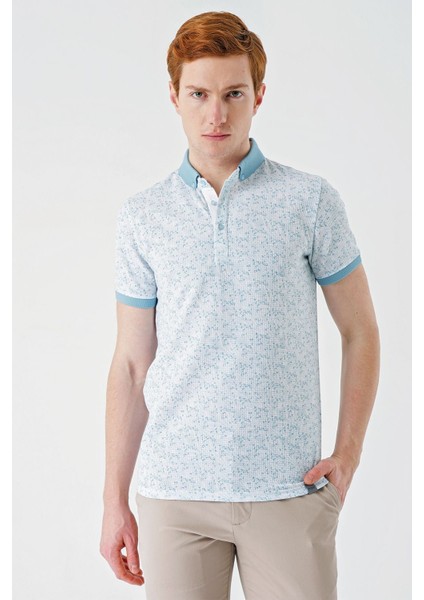 Açık Yeşil Baskılı Jakarlı Düğmeli Yaka Cepli Casual Slim Fit Dar Kesim Tişört 1011240173