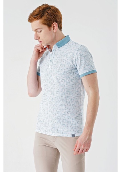 Açık Yeşil Baskılı Jakarlı Düğmeli Yaka Cepli Casual Slim Fit Dar Kesim Tişört 1011240173 modelleri