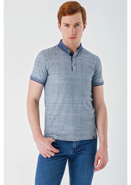 Indigo Mavi Desenli Jakarlı Düğmeli Yaka Cepli Casual Slim Fit Dar Kesim Tişört 1011240174