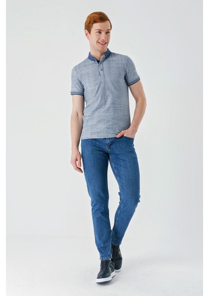 Indigo Mavi Desenli Jakarlı Düğmeli Yaka Cepli Casual Slim Fit Dar Kesim Tişört 1011240174 modelleri