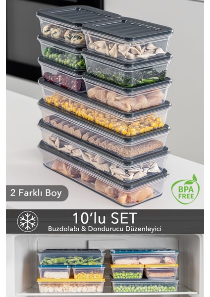 10'lu Buzdolabı Düzenleyici Difriz-Mikrodalga Uyumlu Saklama Kabı Antrasit 4 x 1170 ml - 6 x 600ML