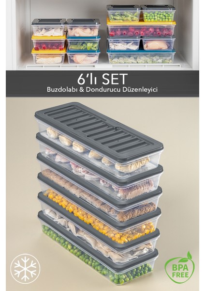 6'lı Buzdolabı Organizer Mikrodalga ve Difrize Uygun Saklama Kabı Antrasit 6 x 1170 ml