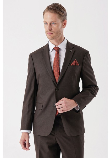 Kahverengi Desenli Armürlü Mono Yaka 4 Drop Comfort Fit Rahat Kesim Klasik Takım Elbise 1001235150