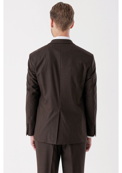 Kahverengi Desenli Armürlü Mono Yaka 4 Drop Comfort Fit Rahat Kesim Klasik Takım Elbise 1001235150