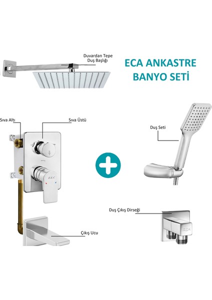 Eca Ankastre Gömme Banyo Bataryası Duş Seti Tüm Parçalar Dahil 30X30 Başlık