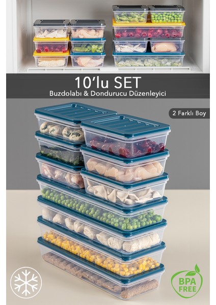 10'lu Buzdolabı Organizer Mikrodalga ve Difrize Uygun Saklama Kabı Petrol 4 x 1170 ml - 6 x 600ML