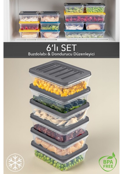 6'lı Buzdolabı Organizer Mikrodalga ve Difrize Uygun Saklama Kabı Antrasit 6 x 600 ml