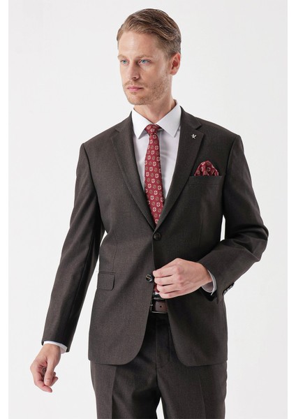 Koyu Kahverengi Desenli Armürlü Mono Yaka 4 Drop Comfort Fit Rahat Kesim Klasik Takım Elbise 1001235150