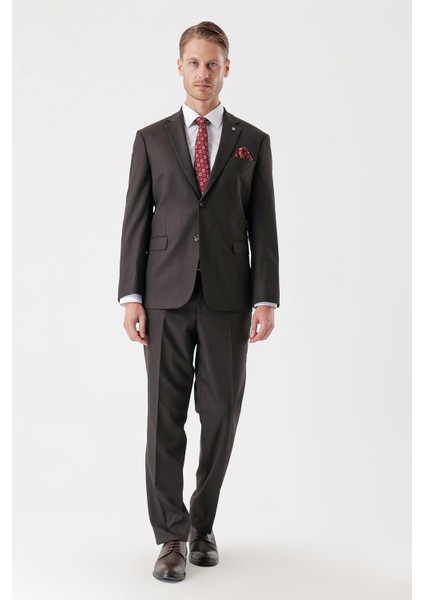 Koyu Kahverengi Desenli Armürlü Mono Yaka 4 Drop Comfort Fit Rahat Kesim Klasik Takım Elbise 1001235150