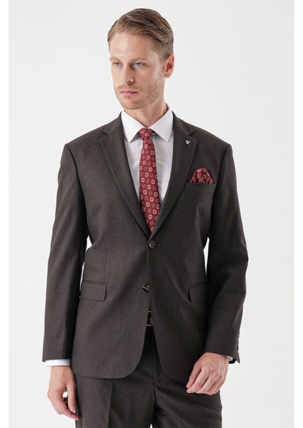 Koyu Kahverengi Desenli Armürlü Mono Yaka 4 Drop Comfort Fit Rahat Kesim Klasik Takım Elbise 1001235150
