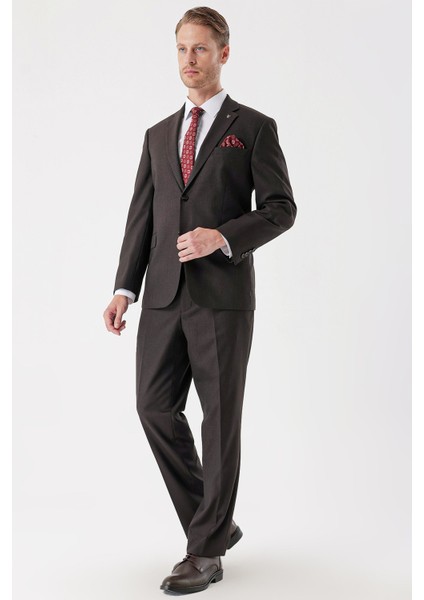 Koyu Kahverengi Desenli Armürlü Mono Yaka 4 Drop Comfort Fit Rahat Kesim Klasik Takım Elbise 1001235150