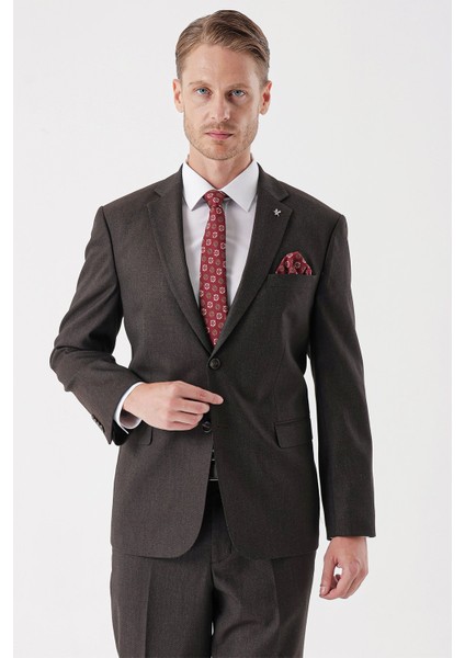 Koyu Kahverengi Desenli Armürlü Mono Yaka 4 Drop Comfort Fit Rahat Kesim Klasik Takım Elbise 1001235150