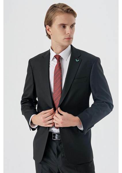Siyah Mono Yaka Yünlü Likralı 4 Drop Comfort Fit Rahat Kesim Klasik Takım Elbise 1001235901