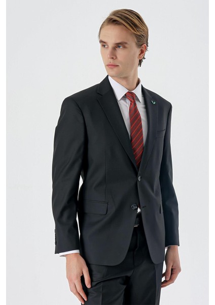 Siyah Mono Yaka Yünlü Likralı 4 Drop Comfort Fit Rahat Kesim Klasik Takım Elbise 1001235901