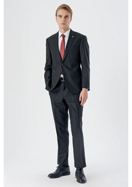 Siyah Mono Yaka Yünlü Likralı 4 Drop Comfort Fit Rahat Kesim Klasik Takım Elbise 1001235901