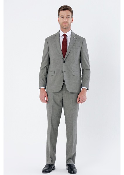Koyu Bej Desenli Mono Yaka 4 Drop Comfort Fit Rahat Kesim Klasik Takım Elbise 1001235162