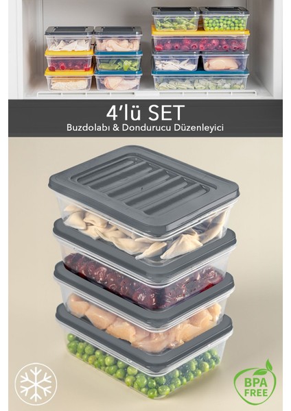 4'lü Buzdolabı Organizer Mikrodalga ve Difrize Uygun Saklama Kabı Antrasit 4 x 600 ml