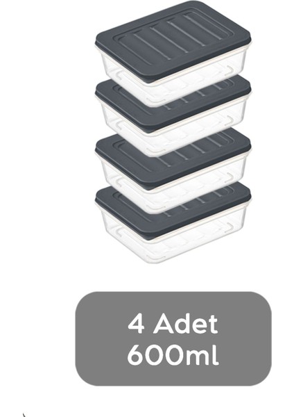 4'lü Buzdolabı Organizer Mikrodalga ve Difrize Uygun Saklama Kabı Antrasit 4 x 600 ml