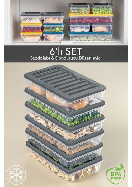 6'lı Buzdolabı Organizer Mikrodalga ve Difrize Uygun Saklama Kabı Antrasit 6 x 1200 ml